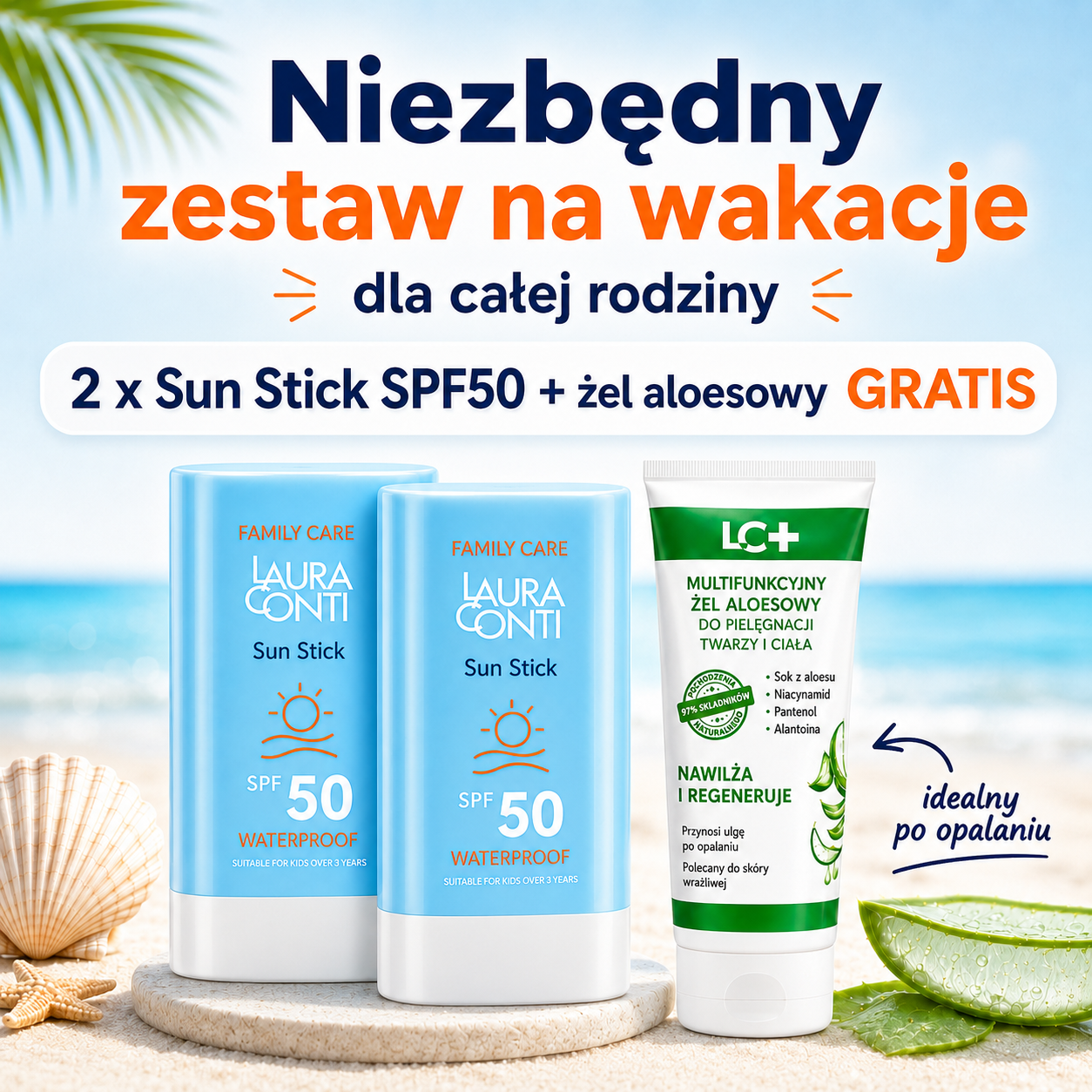Niezbędny zestaw na wakacje: 2 x Sun Stick SPF50 plus żel aloesowy gratis